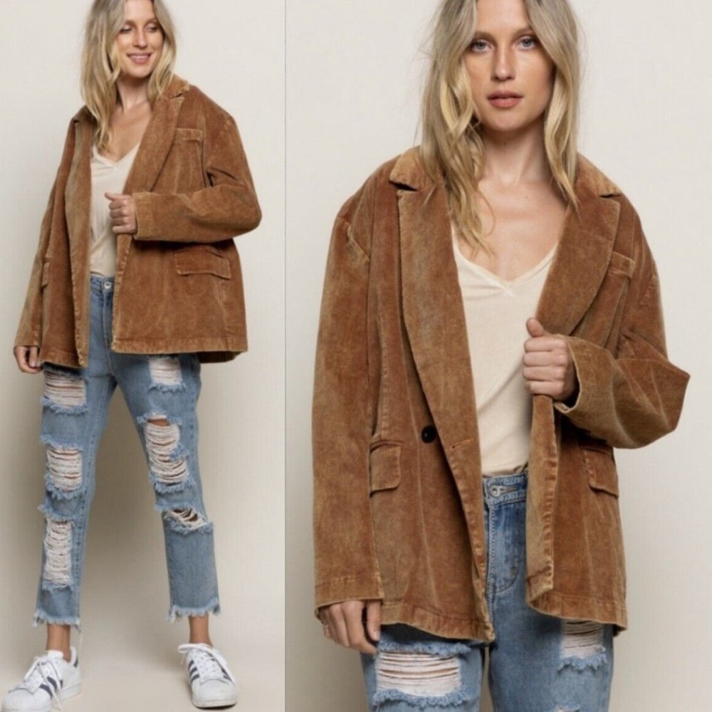 POL Corduroy Oversized Blazer Caramel Double‎ Breasted Boho Jacket Size S